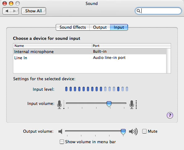 Sound Input Preferences Screen